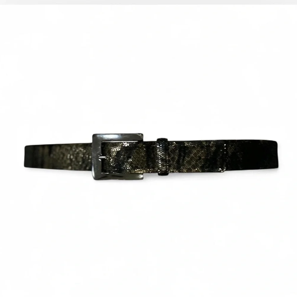 Vintage Genuine Leather Belt Greenish Gold Black Metallic Snake Embossed Size M